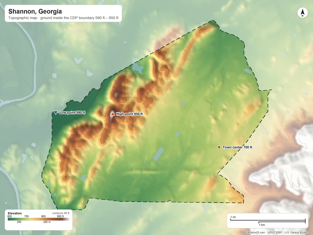 Topographic elevation map of Shannon, Georgia, shaded from 590 ft on the west side to 950 ft on the west side