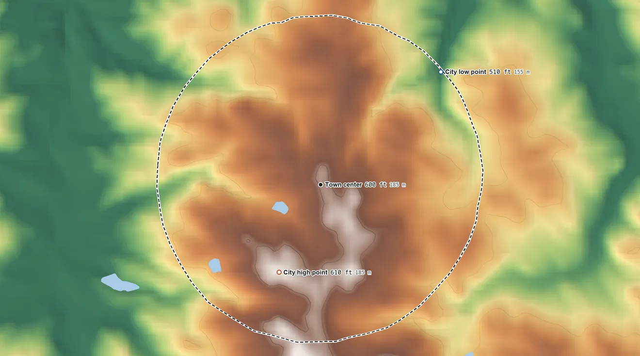 Topographic elevation map of Sharon, Georgia, shaded from 510 ft on the northeast side to 610 ft on the southwest side