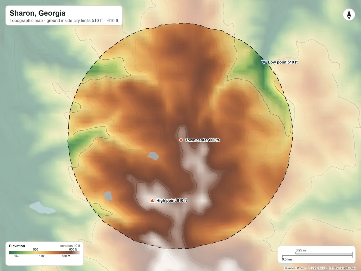 Topographic elevation map of Sharon, Georgia, shaded from 510 ft on the northeast side to 610 ft on the southwest side
