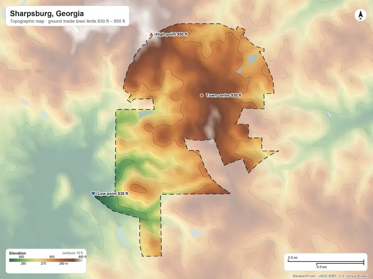 Topographic elevation map of Sharpsburg, Georgia, shaded from 830 ft on the southwest side to 950 ft on the northwest side
