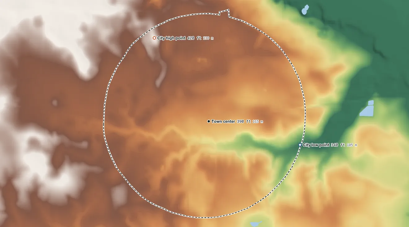 Topographic elevation map of Shellman, Georgia, shaded from 340 ft on the east side to 420 ft on the northwest side