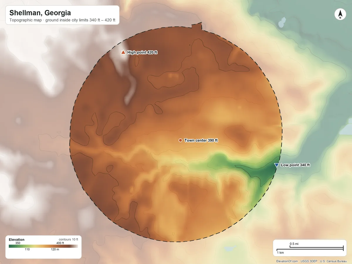 Topographic elevation map of Shellman, Georgia, shaded from 340 ft on the east side to 420 ft on the northwest side