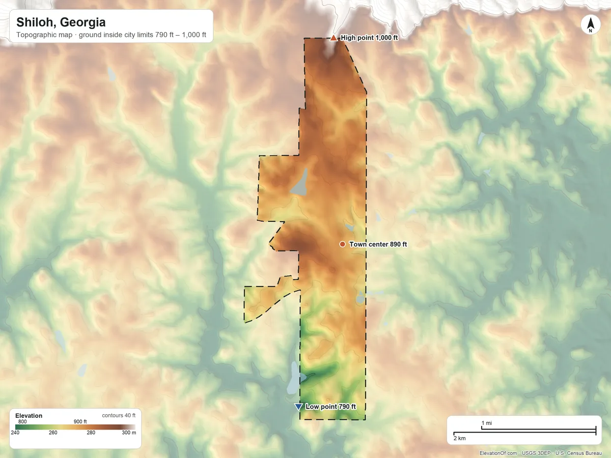 Topographic elevation map of Shiloh, Georgia, shaded from 790 ft on the south side to 1,000 ft on the north edge, below higher ground just outside
