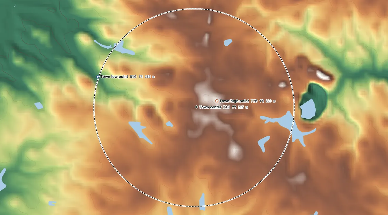 Topographic elevation map of Siloam, Georgia, shaded from 610 ft on the west side to 720 ft near the middle