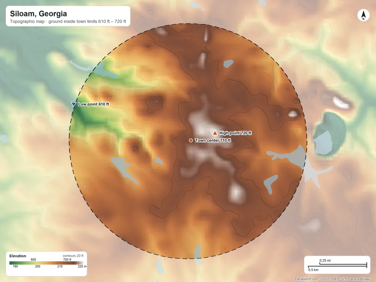 Topographic elevation map of Siloam, Georgia, shaded from 610 ft on the west side to 720 ft near the middle