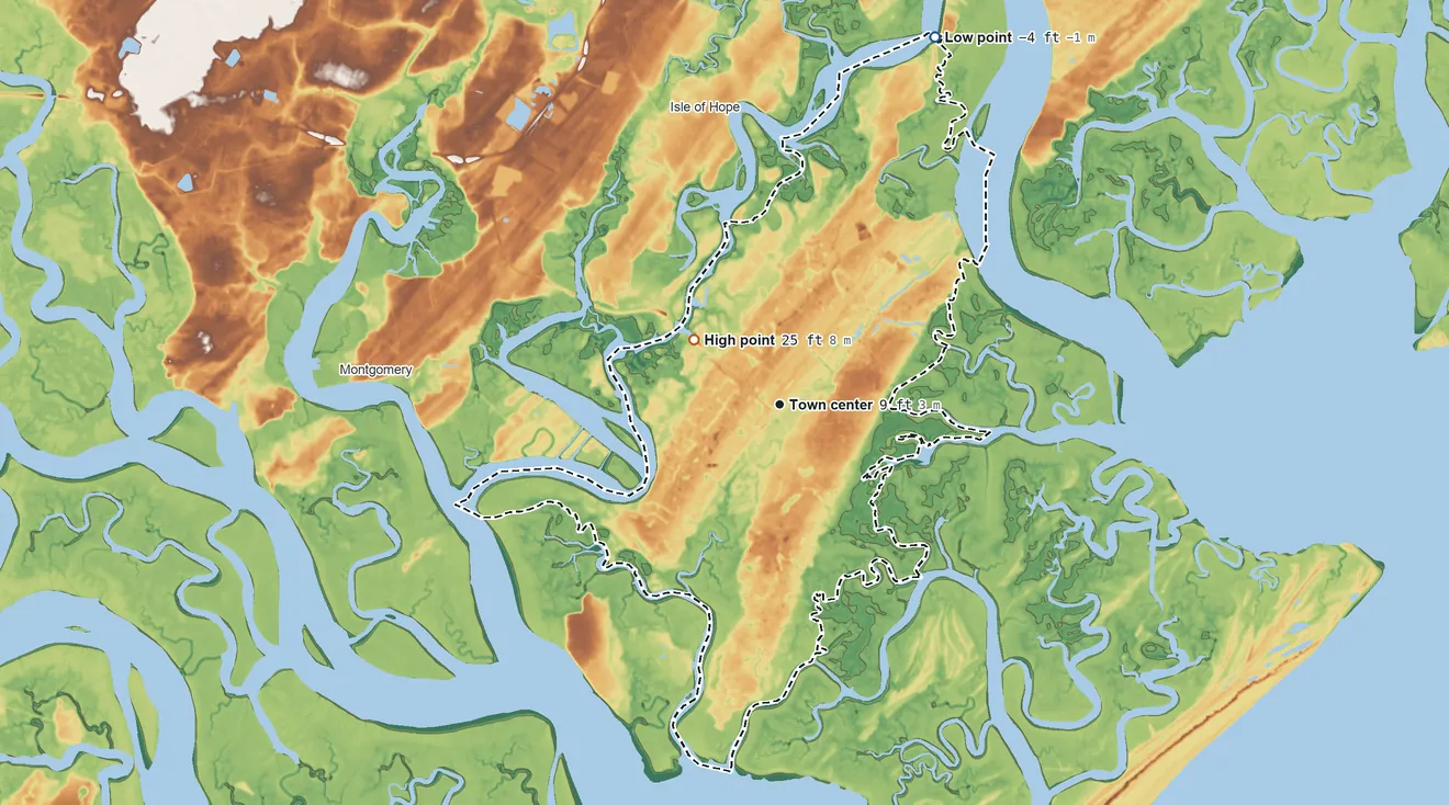 Topographic elevation map of Skidaway Island, Georgia, shaded from −4 ft on the northeast side to 25 ft on the northwest side