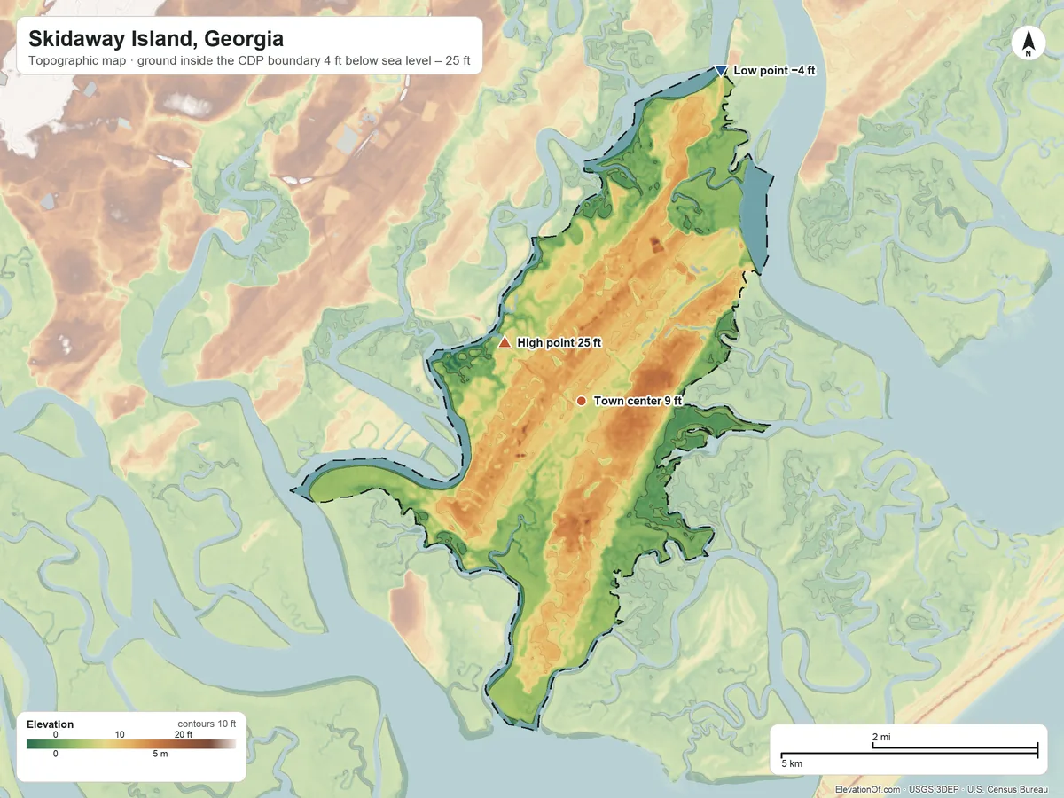 Topographic elevation map of Skidaway Island, Georgia, shaded from −4 ft on the northeast side to 25 ft on the northwest side