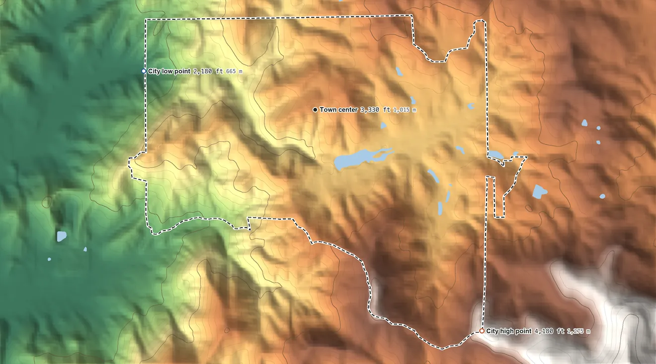 Topographic elevation map of Sky Valley, Georgia, shaded from 2,180 ft on the west side to 4,180 ft on the southeast edge, below higher ground just outside