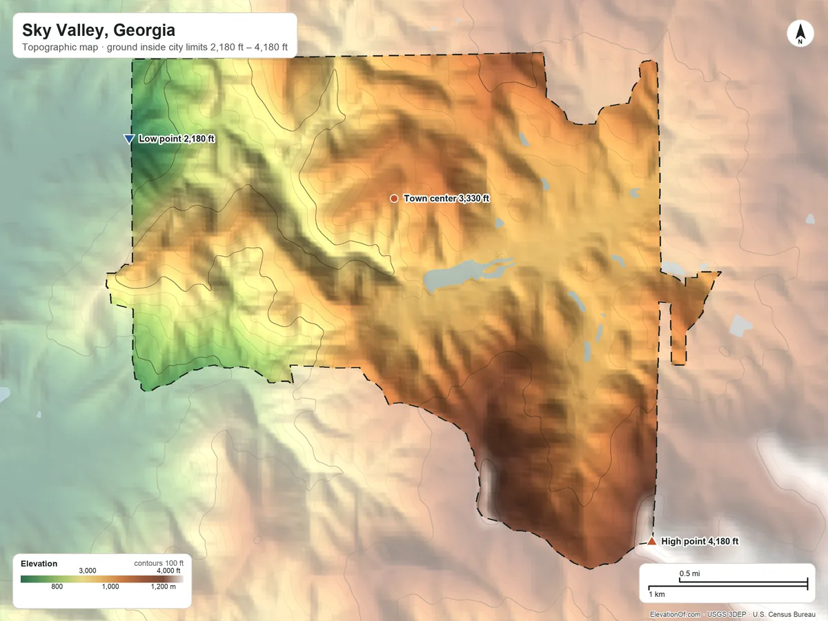 Topographic elevation map of Sky Valley, Georgia, shaded from 2,180 ft on the west side to 4,180 ft on the southeast edge, below higher ground just outside