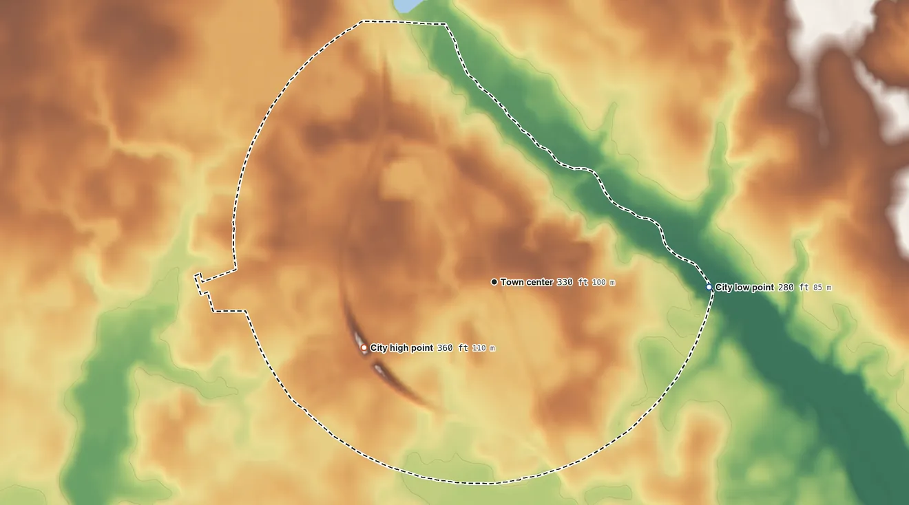 Topographic elevation map of Smithville, Georgia, shaded from 280 ft on the east side to 360 ft on the southwest side
