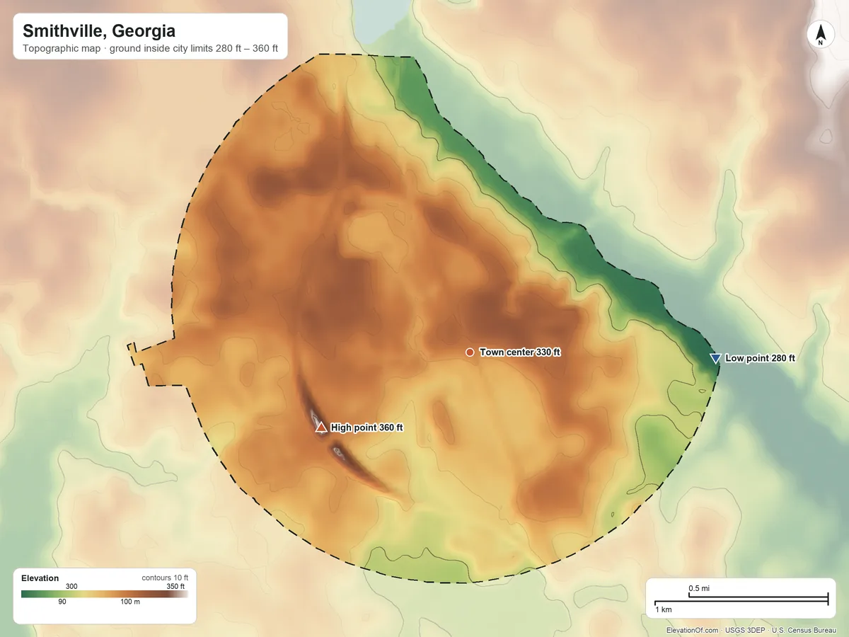 Topographic elevation map of Smithville, Georgia, shaded from 280 ft on the east side to 360 ft on the southwest side