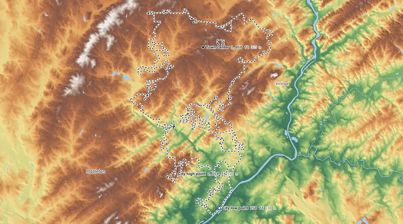 Topographic elevation map of Smyrna, Georgia, shaded from 750 ft on the south side to 1,110 ft on the south side