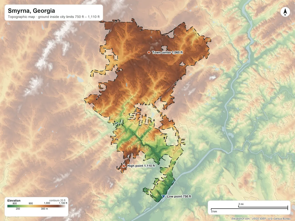 Topographic elevation map of Smyrna, Georgia, shaded from 750 ft on the south side to 1,110 ft on the south side