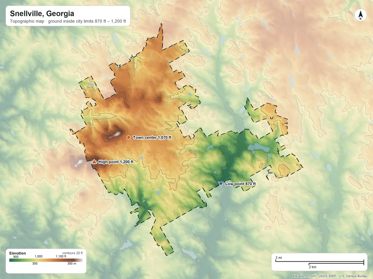Topographic elevation map of Snellville, Georgia, shaded from 870 ft on the southeast side to 1,200 ft on the southwest side