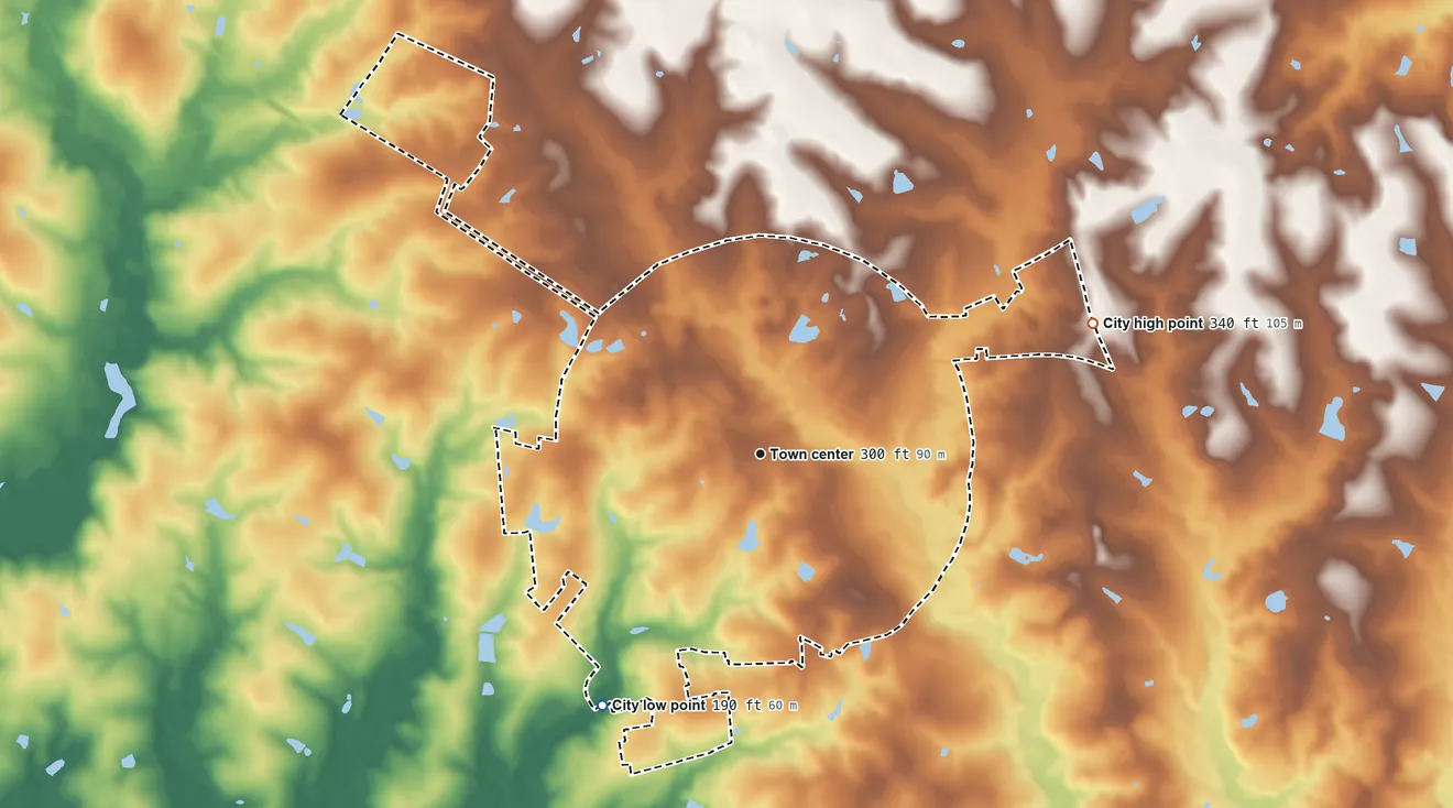 Topographic elevation map of Soperton, Georgia, shaded from 190 ft on the southwest side to 340 ft on the east side