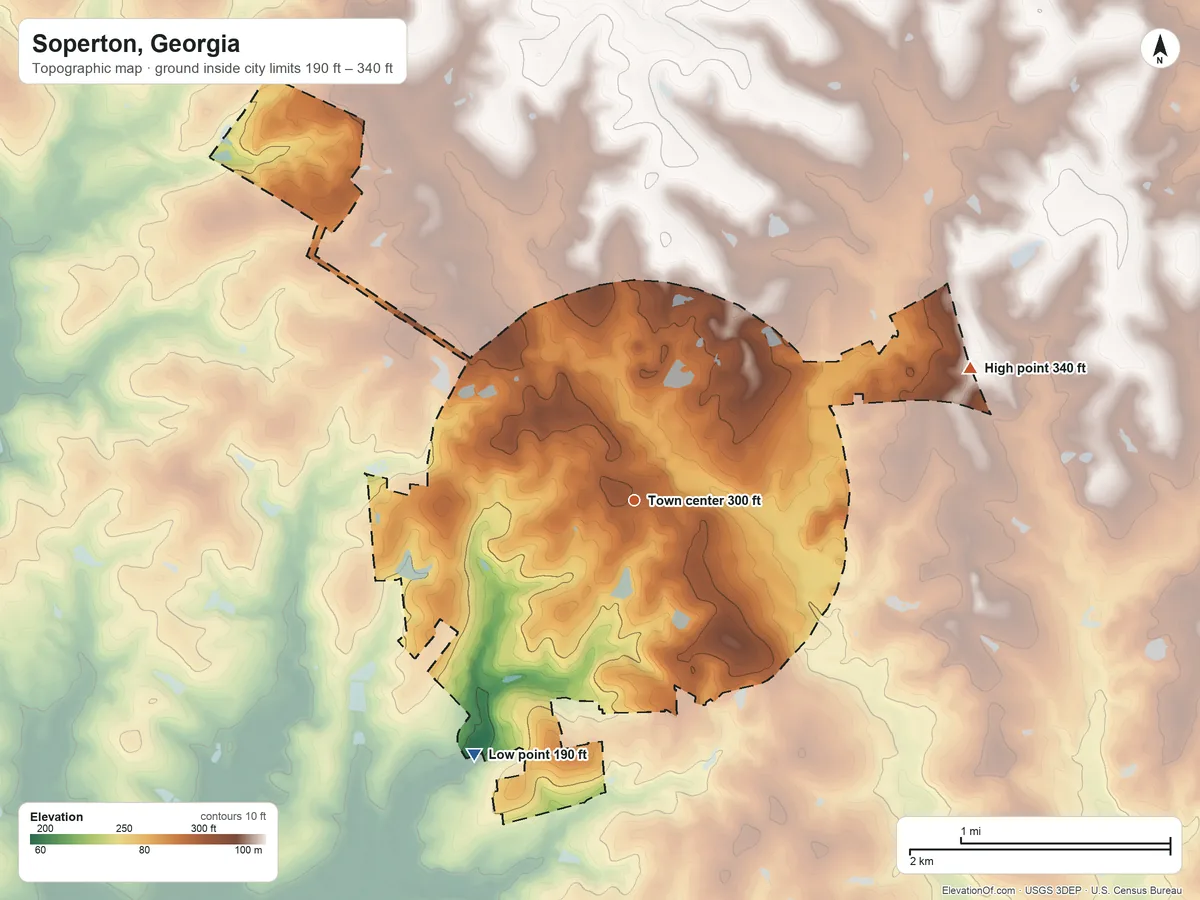Topographic elevation map of Soperton, Georgia, shaded from 190 ft on the southwest side to 340 ft on the east side