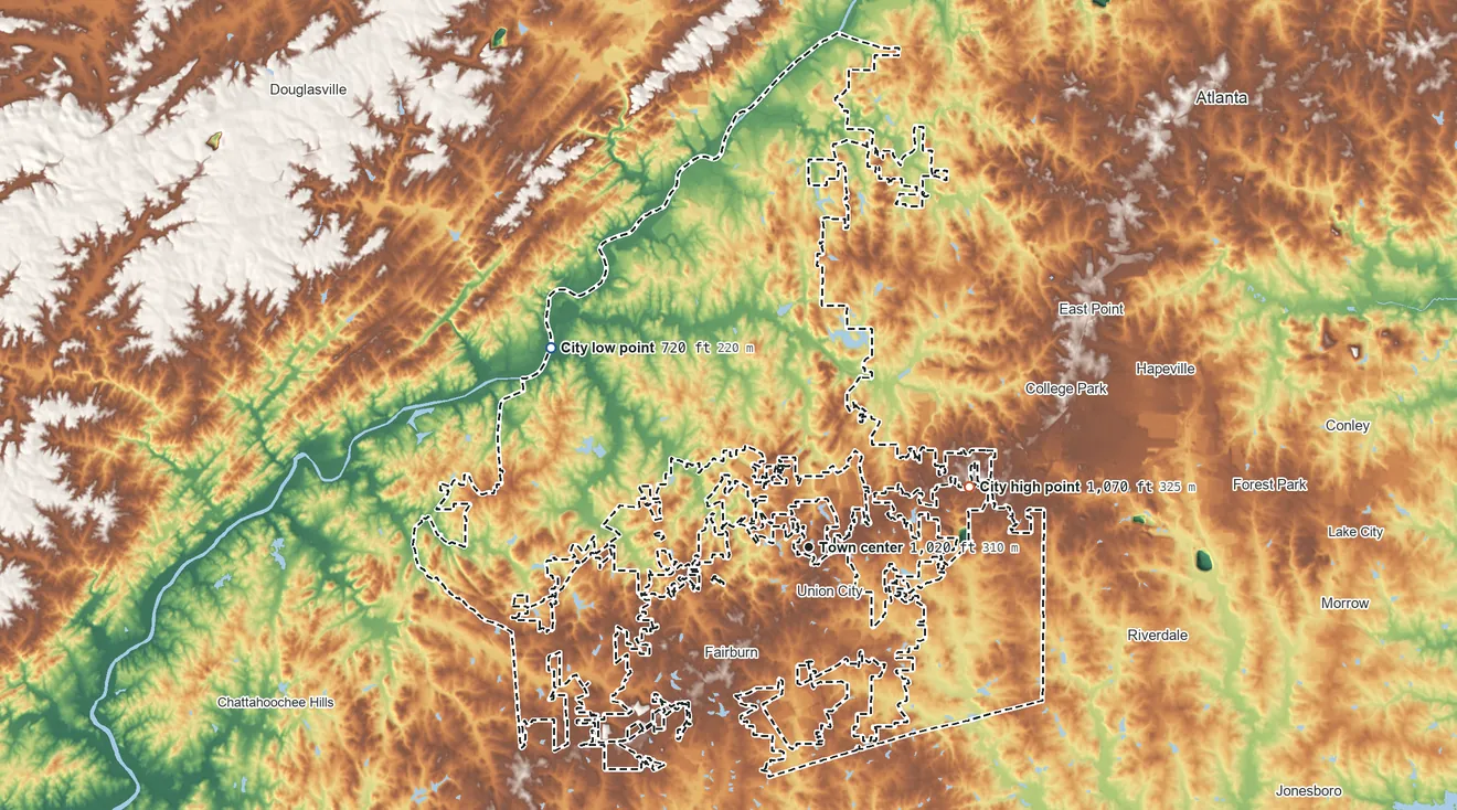 Topographic elevation map of South Fulton, Georgia, shaded from 720 ft on the northwest side to 1,070 ft on the east side