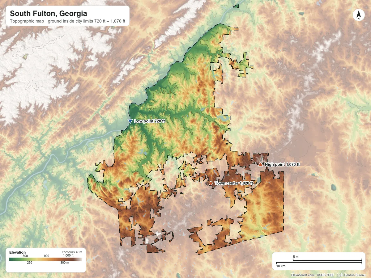 Topographic elevation map of South Fulton, Georgia, shaded from 720 ft on the northwest side to 1,070 ft on the east side
