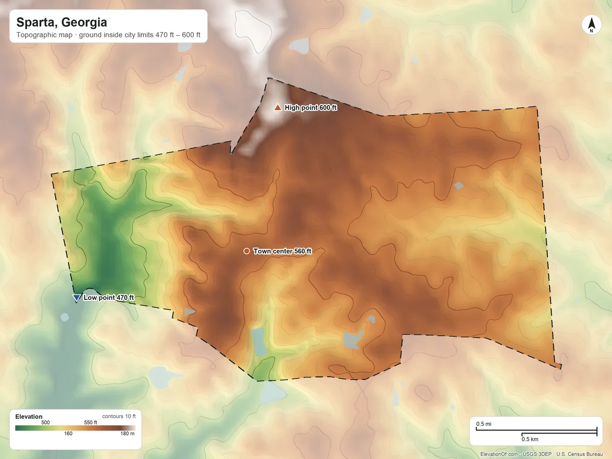 Topographic elevation map of Sparta, Georgia, shaded from 470 ft on the west side to 600 ft on the north side