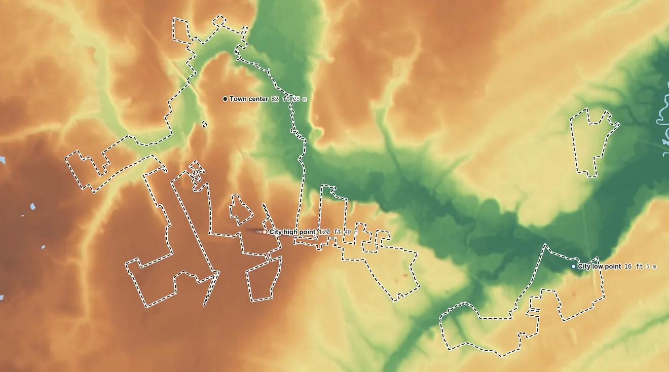 Topographic elevation map of Springfield, Georgia, shaded from 16 ft on the southeast side to 120 ft on the south side