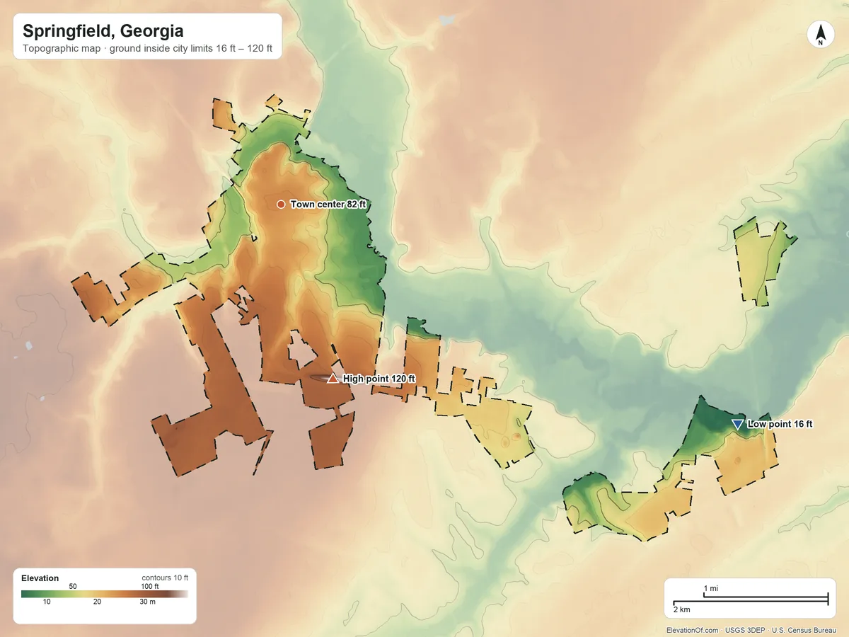 Topographic elevation map of Springfield, Georgia, shaded from 16 ft on the southeast side to 120 ft on the south side