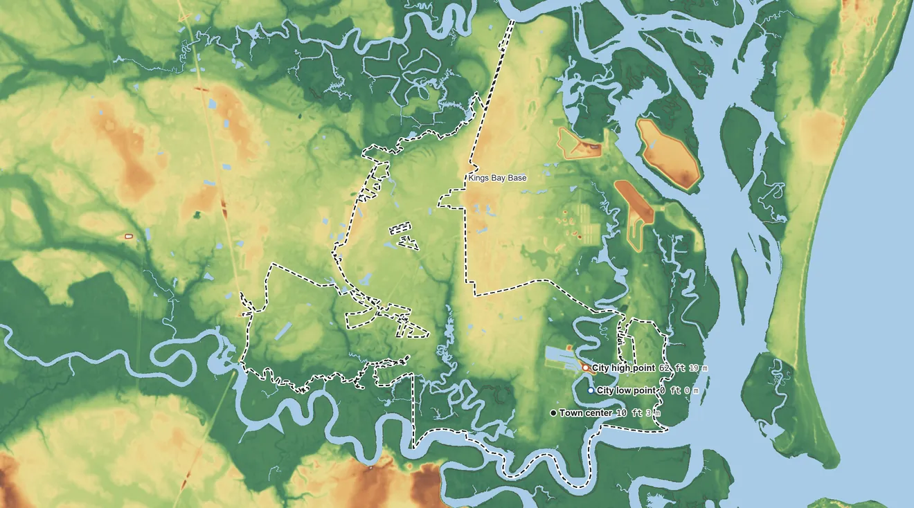 Topographic elevation map of St. Marys, Georgia, shaded from 0 ft near the middle to 62 ft near the middle