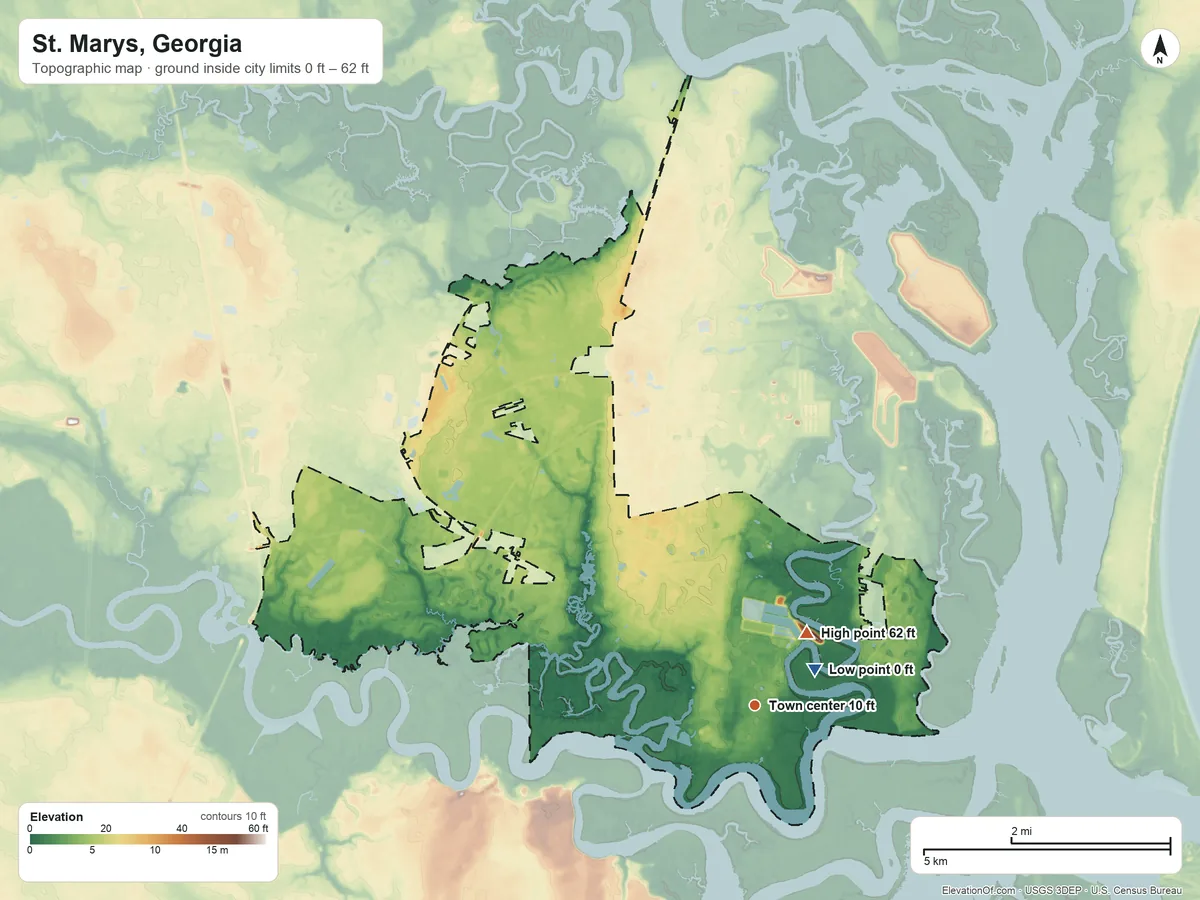 Topographic elevation map of St. Marys, Georgia, shaded from 0 ft near the middle to 62 ft near the middle