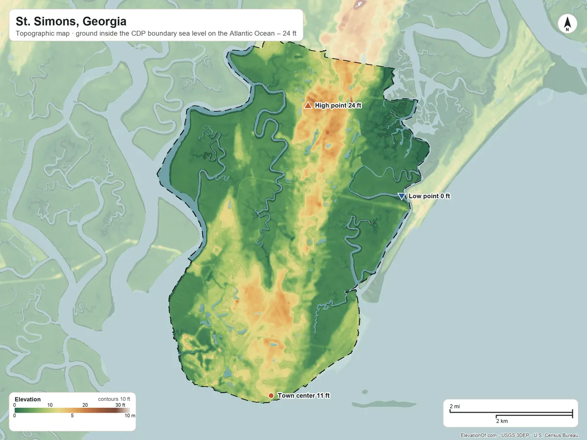Topographic elevation map of St. Simons, Georgia, shaded from sea level level on the Atlantic Ocean to 24 ft on the north side