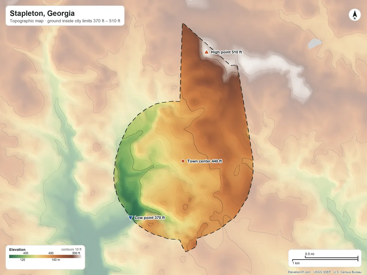 Topographic elevation map of Stapleton, Georgia, shaded from 370 ft on the southwest side to 510 ft on the north side