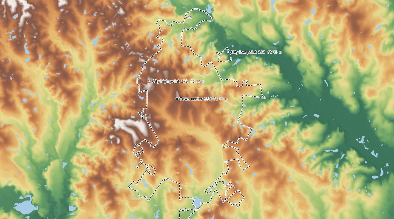 Topographic elevation map of Statesboro, Georgia, shaded from 140 ft on the northeast side to 270 ft on the northwest side