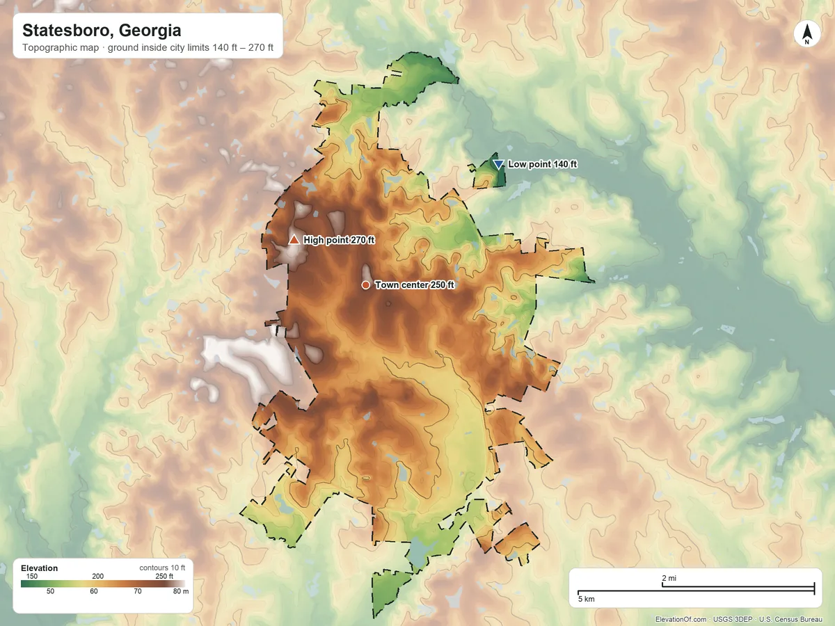 Topographic elevation map of Statesboro, Georgia, shaded from 140 ft on the northeast side to 270 ft on the northwest side