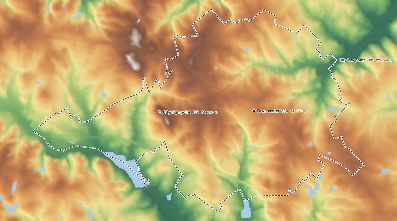 Topographic elevation map of Statham, Georgia, shaded from 780 ft on the northeast side to 950 ft on the west side