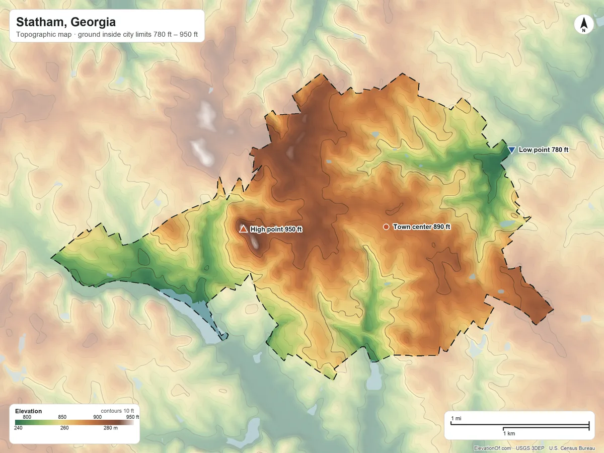 Topographic elevation map of Statham, Georgia, shaded from 780 ft on the northeast side to 950 ft on the west side