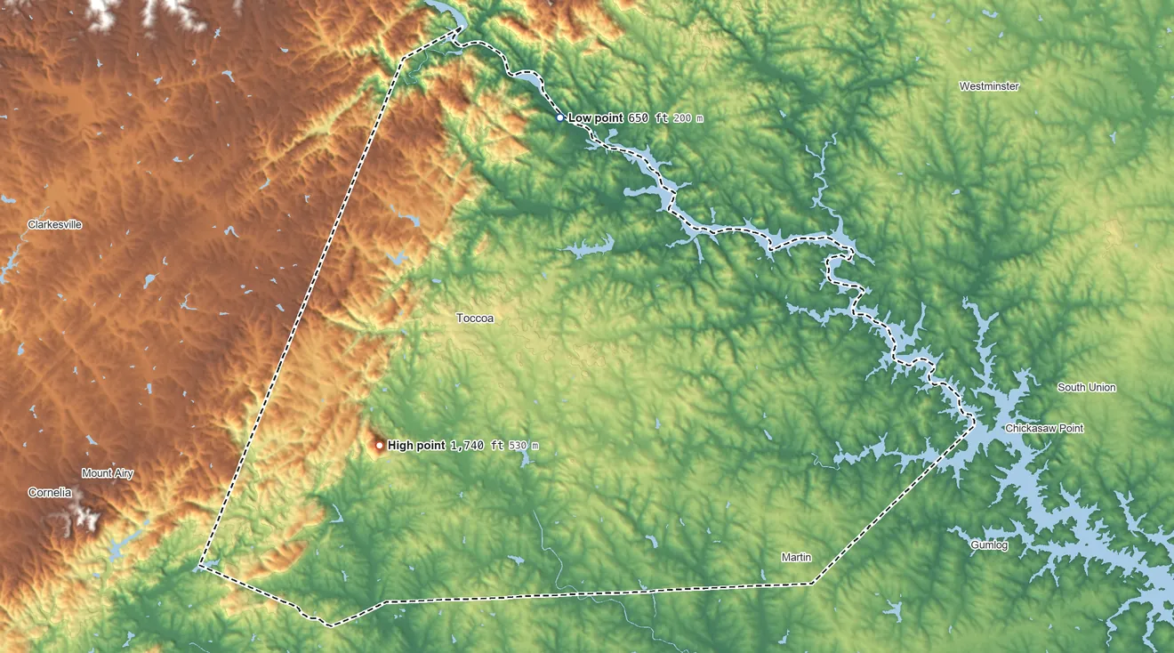 Topographic elevation map of Stephens County, Georgia, shaded from 650 ft on the north side to 1,740 ft on Currahee Mountain