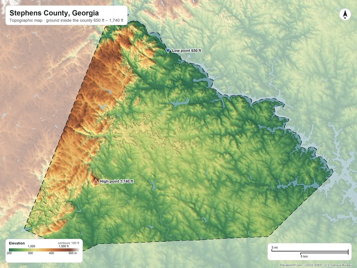 Topographic elevation map of Stephens County, Georgia, shaded from 650 ft on the north side to 1,740 ft on Currahee Mountain