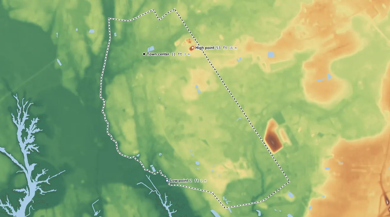 Topographic elevation map of Sterling, Georgia, shaded from 2 ft on the south side to 53 ft on the east side