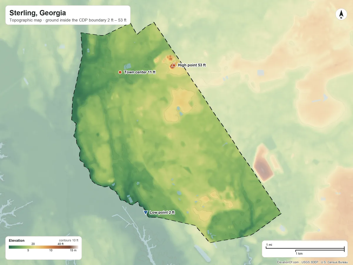 Topographic elevation map of Sterling, Georgia, shaded from 2 ft on the south side to 53 ft on the east side