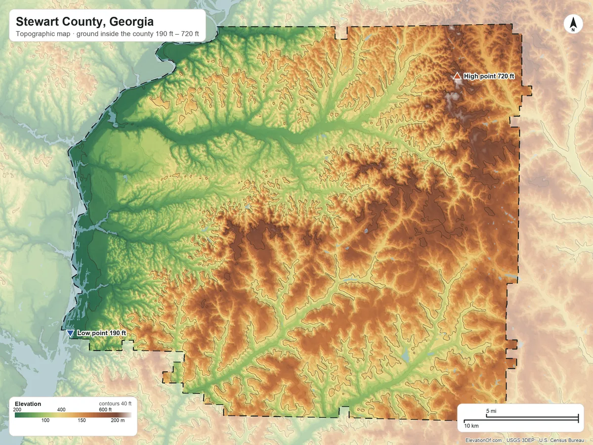 Topographic elevation map of Stewart County, Georgia, shaded from 190 ft on the southwest side to 720 ft on the northeast side