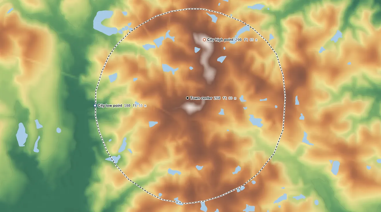 Topographic elevation map of Stillmore, Georgia, shaded from 180 ft on the west side to 290 ft on the north side