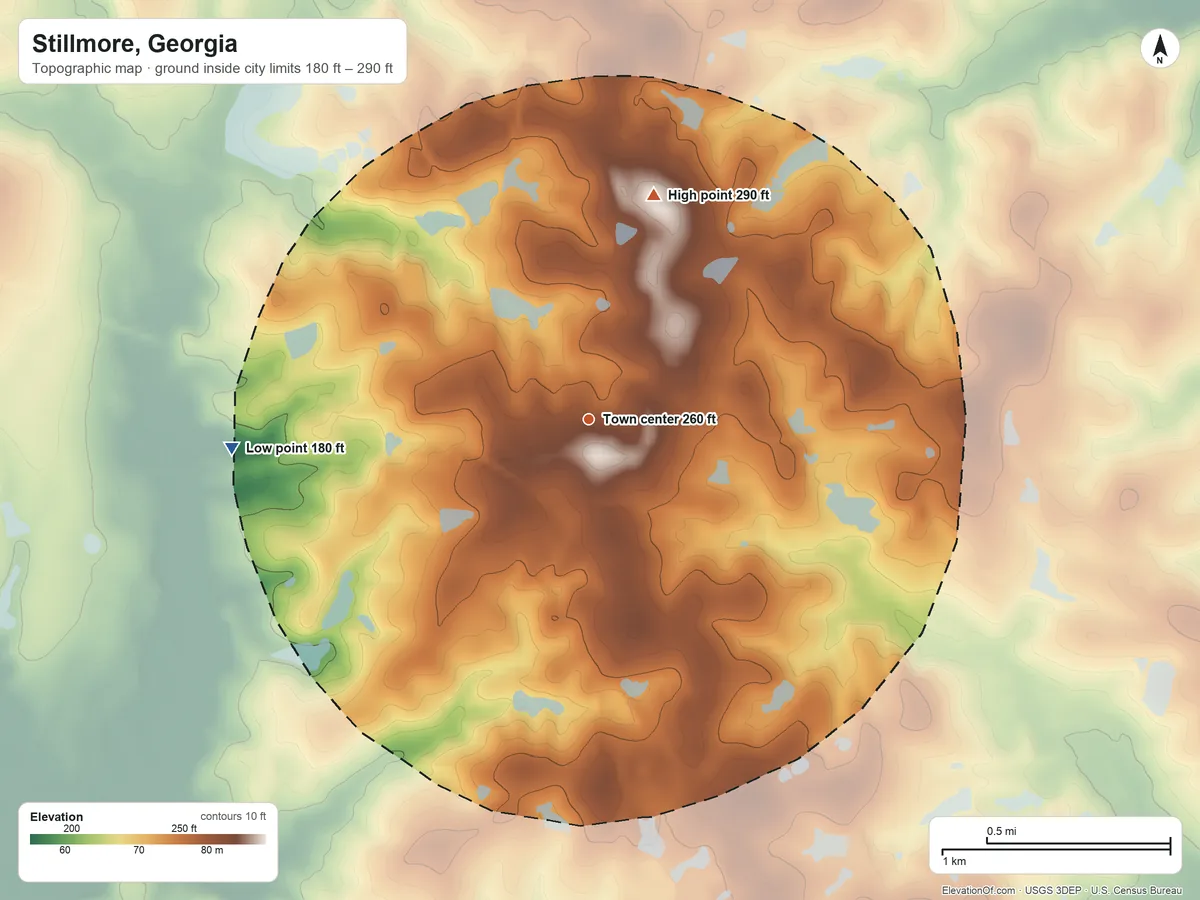 Topographic elevation map of Stillmore, Georgia, shaded from 180 ft on the west side to 290 ft on the north side