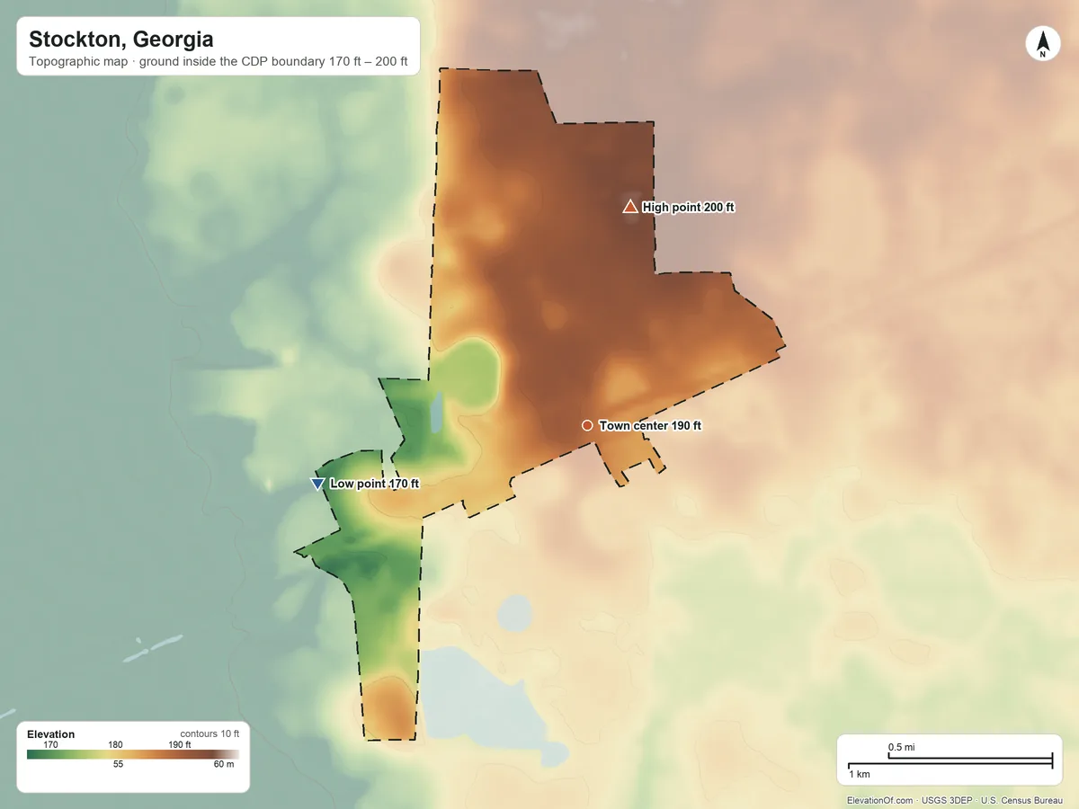 Topographic elevation map of Stockton, Georgia, shaded from 170 ft on the west side to 200 ft on the north side
