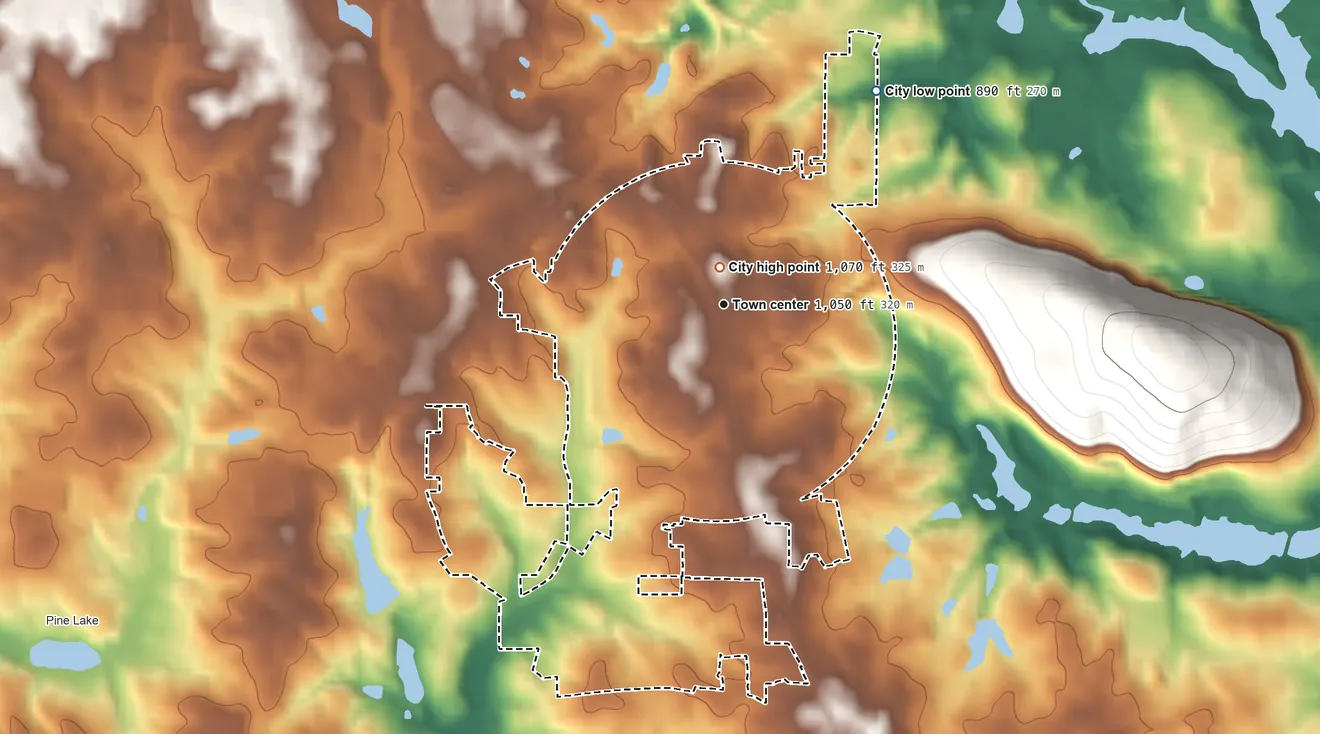 Topographic elevation map of Stone Mountain, Georgia, shaded from 890 ft on the northeast side to 1,070 ft on the north edge, below higher ground just outside