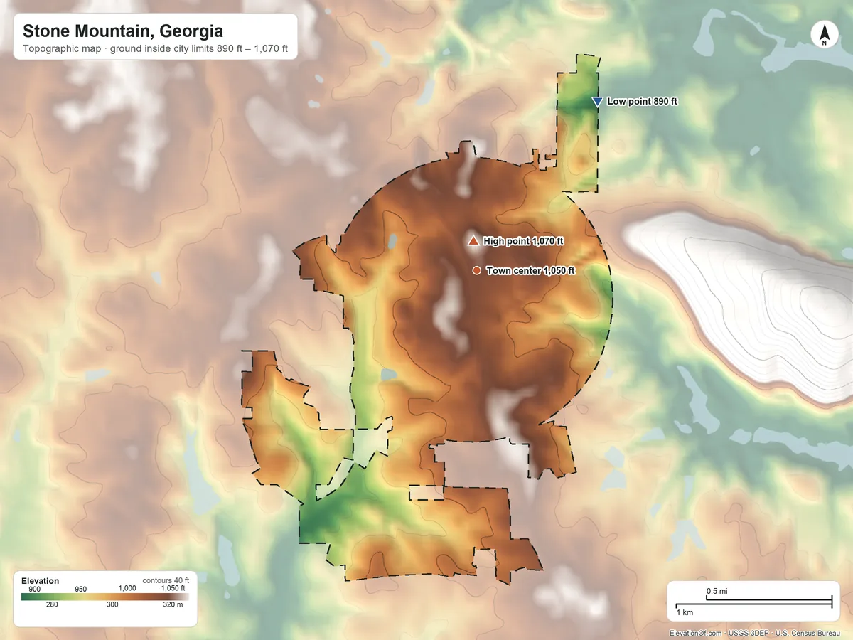 Topographic elevation map of Stone Mountain, Georgia, shaded from 890 ft on the northeast side to 1,070 ft on the north edge, below higher ground just outside