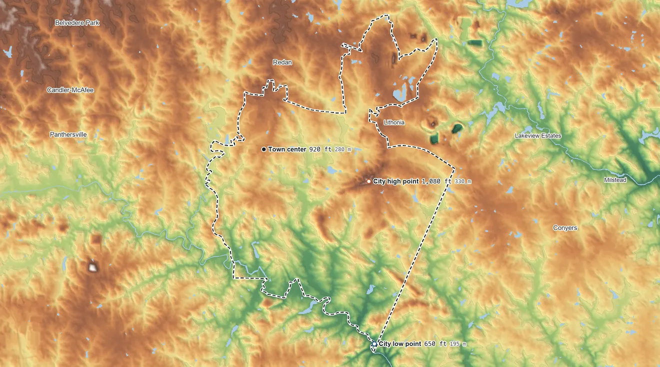 Topographic elevation map of Stonecrest, Georgia, shaded from 650 ft on the southeast side to 1,080 ft on the east side