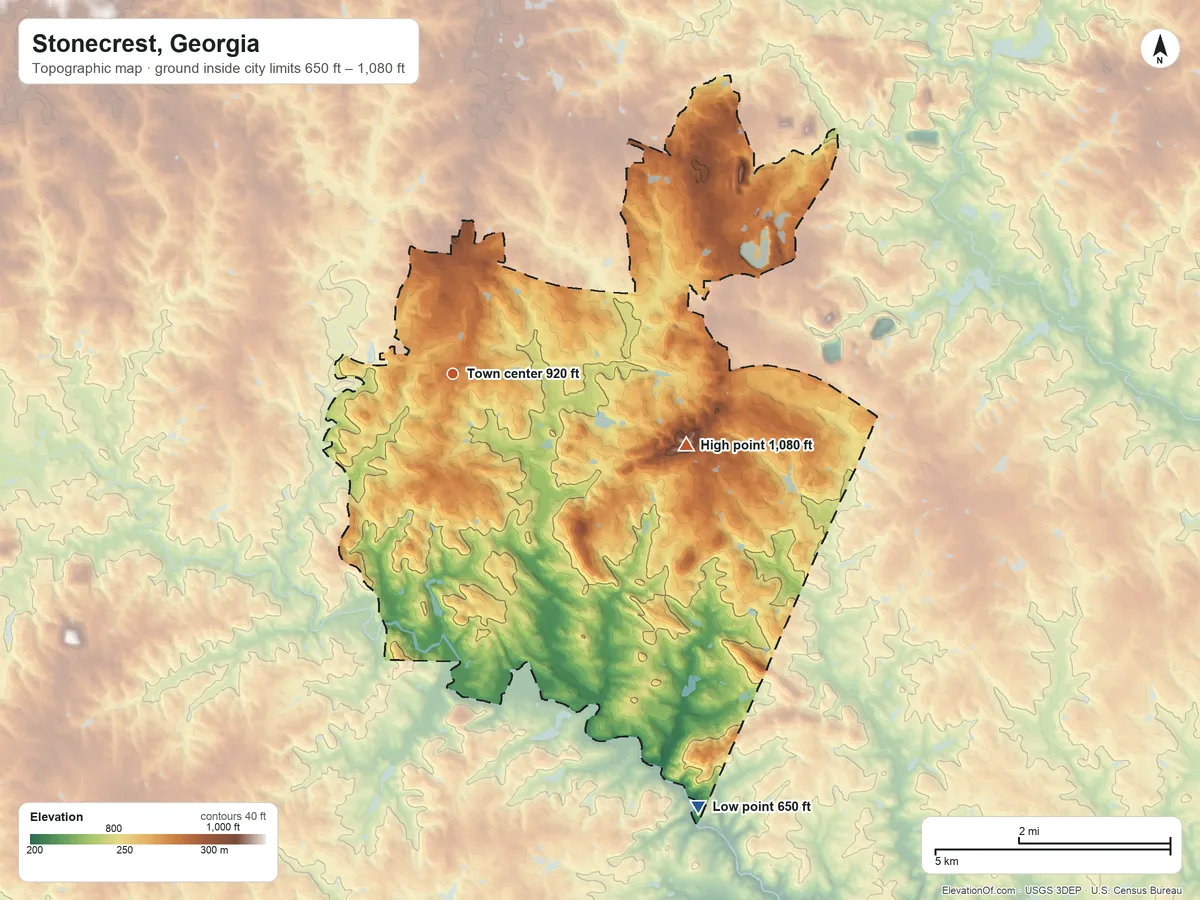 Topographic elevation map of Stonecrest, Georgia, shaded from 650 ft on the southeast side to 1,080 ft on the east side