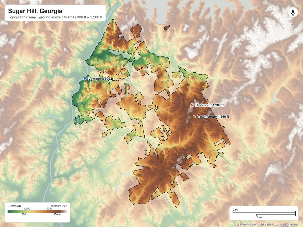 Topographic elevation map of Sugar Hill, Georgia, shaded from 900 ft on the west side to 1,200 ft near the middle