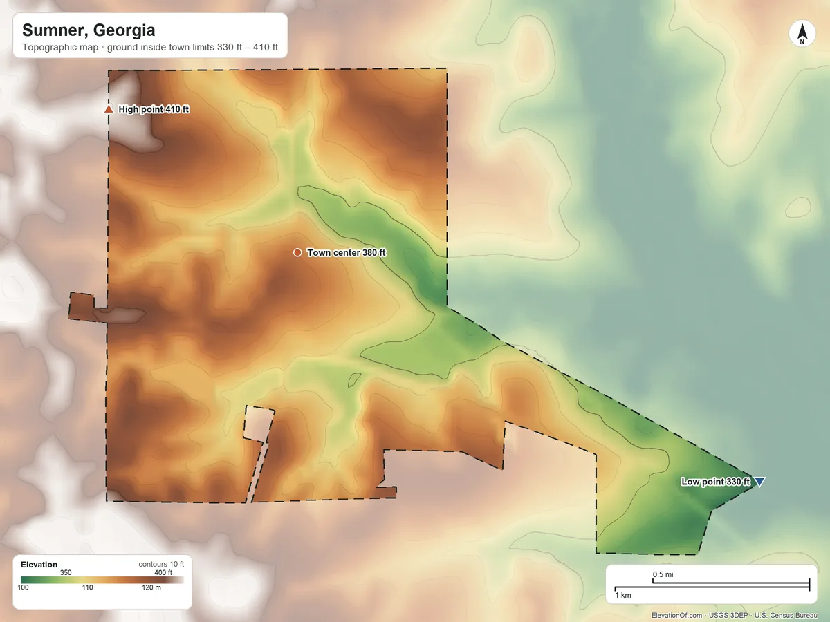 Topographic elevation map of Sumner, Georgia, shaded from 330 ft on the southeast side to 410 ft on the northwest side
