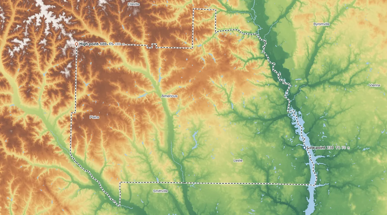Topographic elevation map of Sumter County, Georgia, shaded from 230 ft on the east side to 600 ft on the northwest side