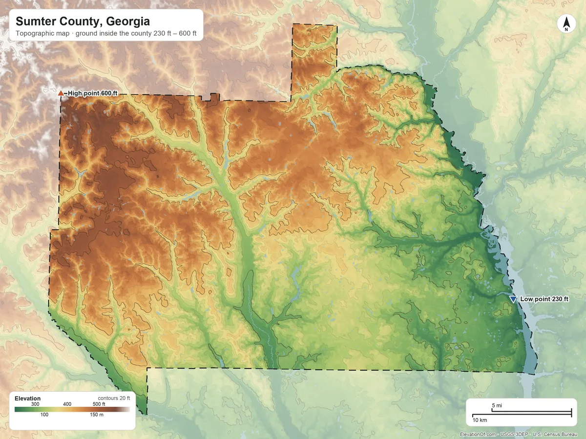 Topographic elevation map of Sumter County, Georgia, shaded from 230 ft on the east side to 600 ft on the northwest side