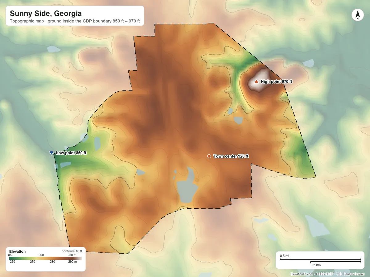 Topographic elevation map of Sunny Side, Georgia, shaded from 850 ft on the west side to 970 ft on the northeast side